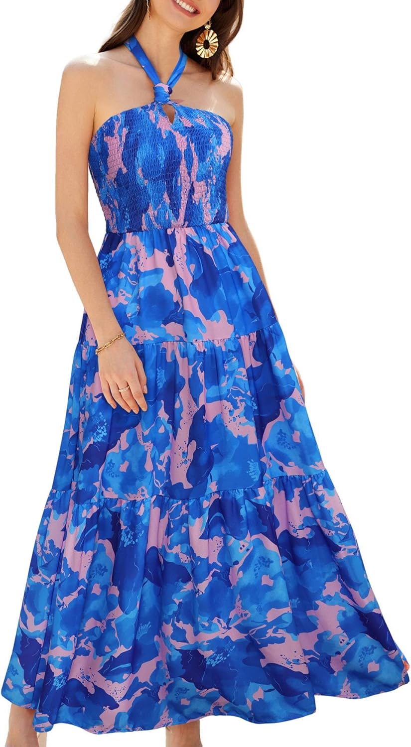 GRACE KARIN Damen Sommerkleider 2025 Neckholder Ärmellos Gesmoktes Rückenloses Cut-Out Blumenmuster Fließendes A-Linien Maxikleid