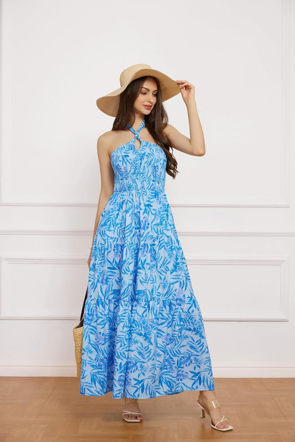 GRACE KARIN Damen Sommerkleider 2025 Neckholder Ärmellos Gesmoktes Rückenloses Cut-Out Blumenmuster Fließendes A-Linien Maxikleid