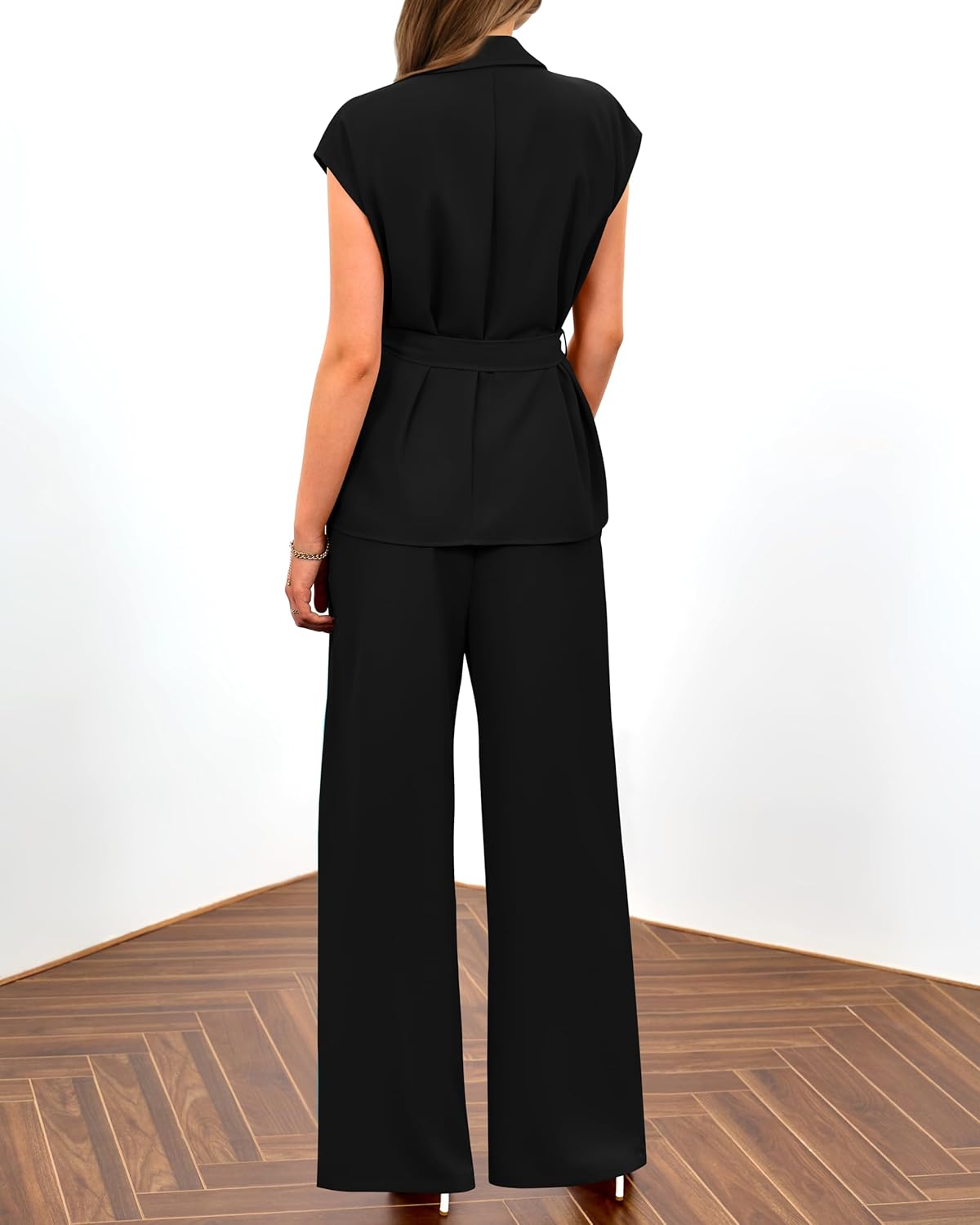 PRETTYGARDEN Damen Sommer 2-teilige Outfits 2025 mit Kappenärmeln, V-Ausschnitt, Blazerweste, weitem Bein, Hosen-Sets, Büro-Arbeitskleidung