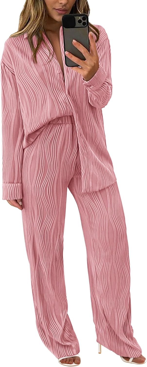 Damen 2-teilige strukturierte Sets Lässiges Button-Down-Shirt Weite Hose Outfit Loungewear Trainingsanzug
