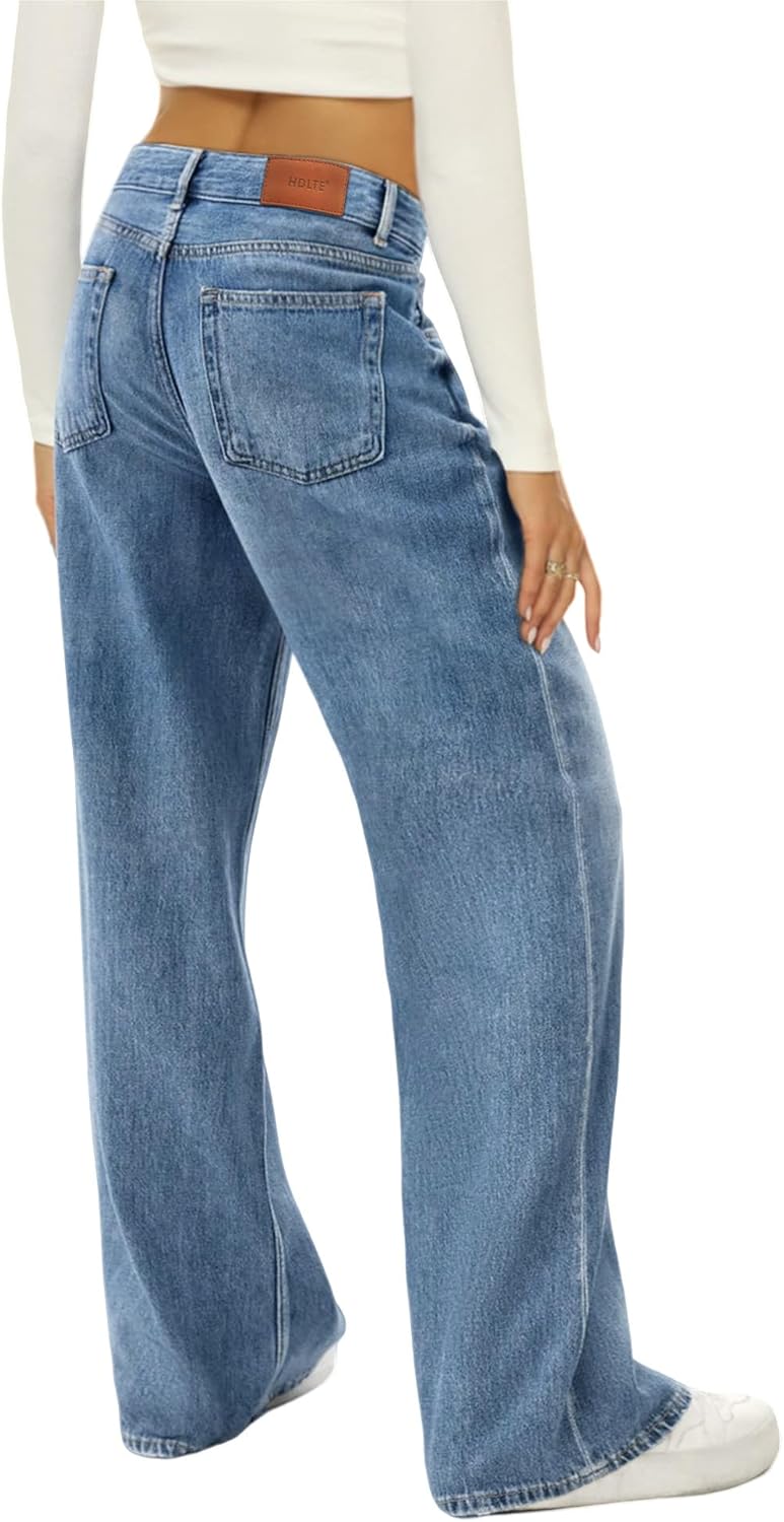 HDLTE Damen Jeans Weites Bein High Waist Baggy Jeans Loose Boyfriend Jeans Denim Hose Y2K