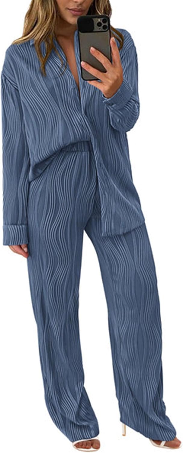 Damen 2-teilige strukturierte Sets Lässiges Button-Down-Shirt Weite Hose Outfit Loungewear Trainingsanzug