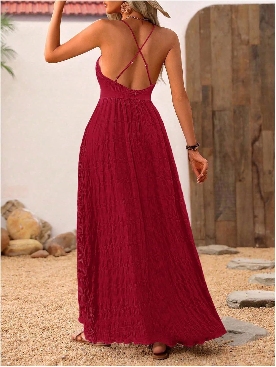 MakeMeChic Damen Boho V-Ausschnitt Ärmelloses Maxi-Sommerkleid Geblümt Kreuz und quer rückenfrei Ausgestelltes Cami-Kleid