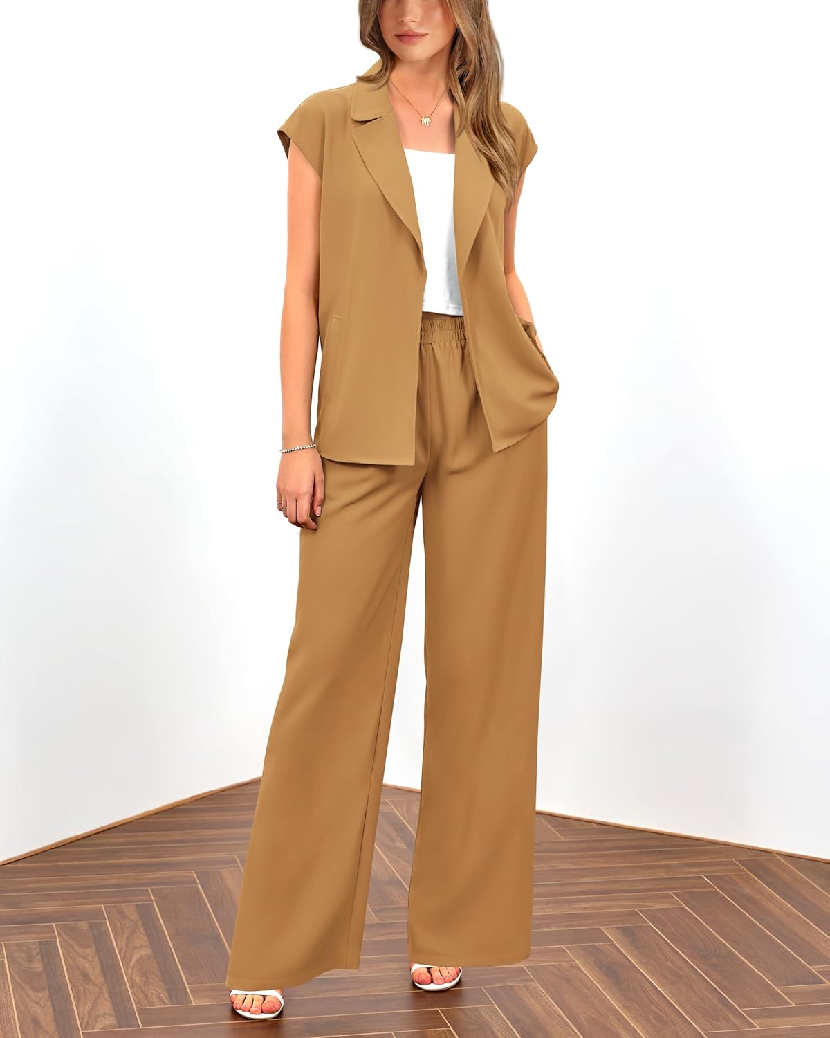 PRETTYGARDEN Damen Sommer 2-teilige Outfits 2025 mit Kappenärmeln, V-Ausschnitt, Blazerweste, weitem Bein, Hosen-Sets, Büro-Arbeitskleidung