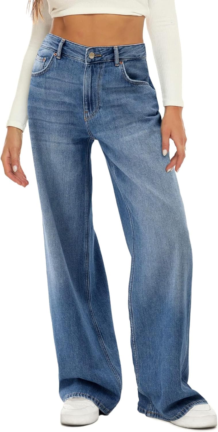 HDLTE Damen Jeans Weites Bein High Waist Baggy Jeans Loose Boyfriend Jeans Denim Hose Y2K