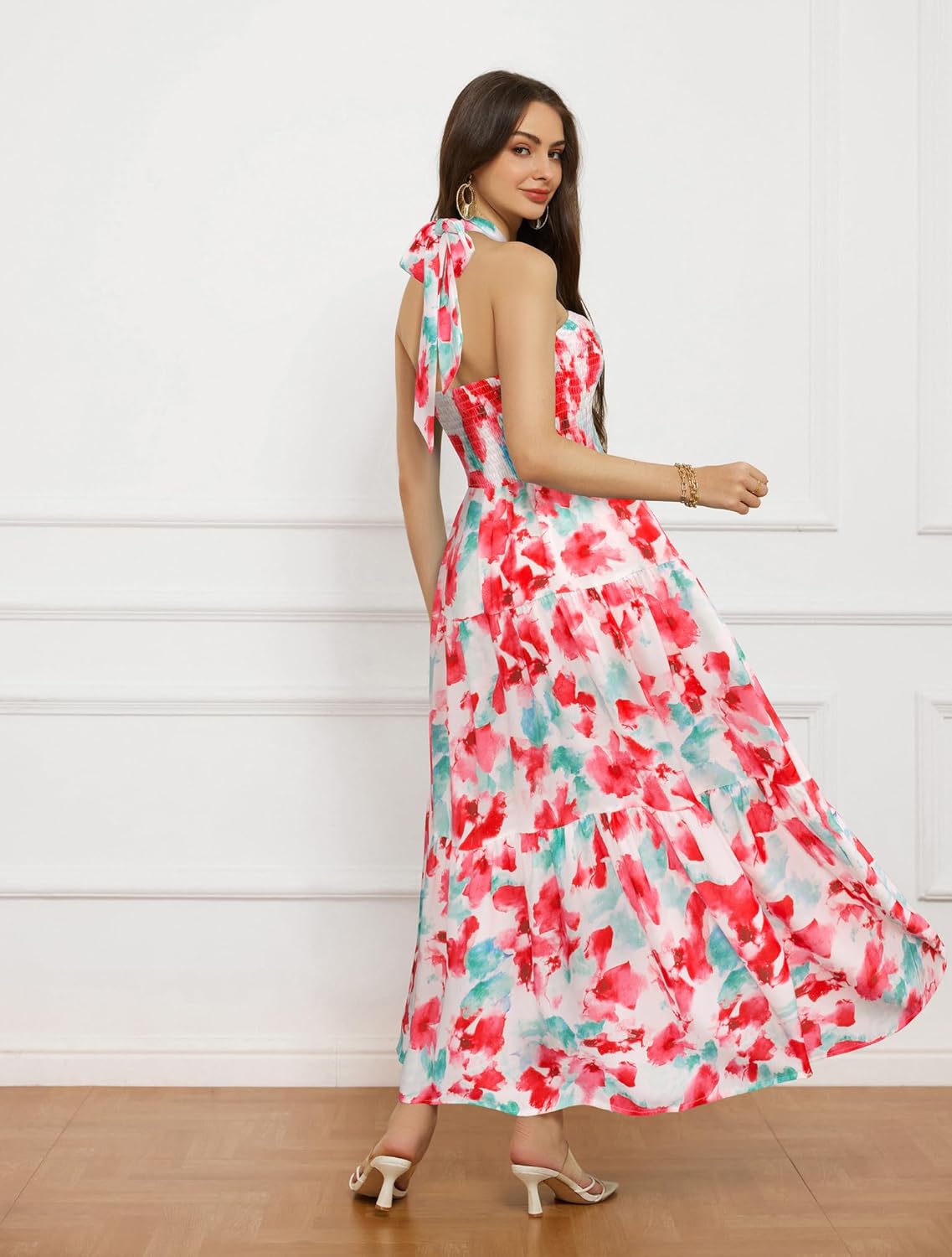 GRACE KARIN Damen Sommerkleider 2025 Neckholder Ärmellos Gesmoktes Rückenloses Cut-Out Blumenmuster Fließendes A-Linien Maxikleid