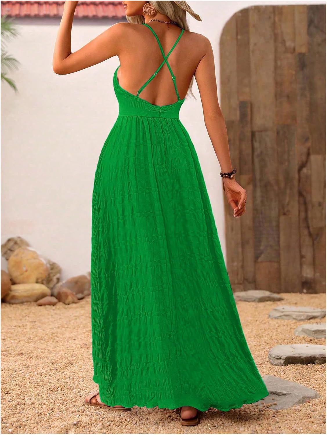 MakeMeChic Damen Boho V-Ausschnitt Ärmelloses Maxi-Sommerkleid Geblümt Kreuz und quer rückenfrei Ausgestelltes Cami-Kleid