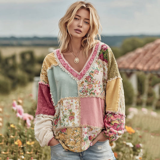Damen Vintage Floral Patchwork Art Gemütliches Warmes Sweatshirt