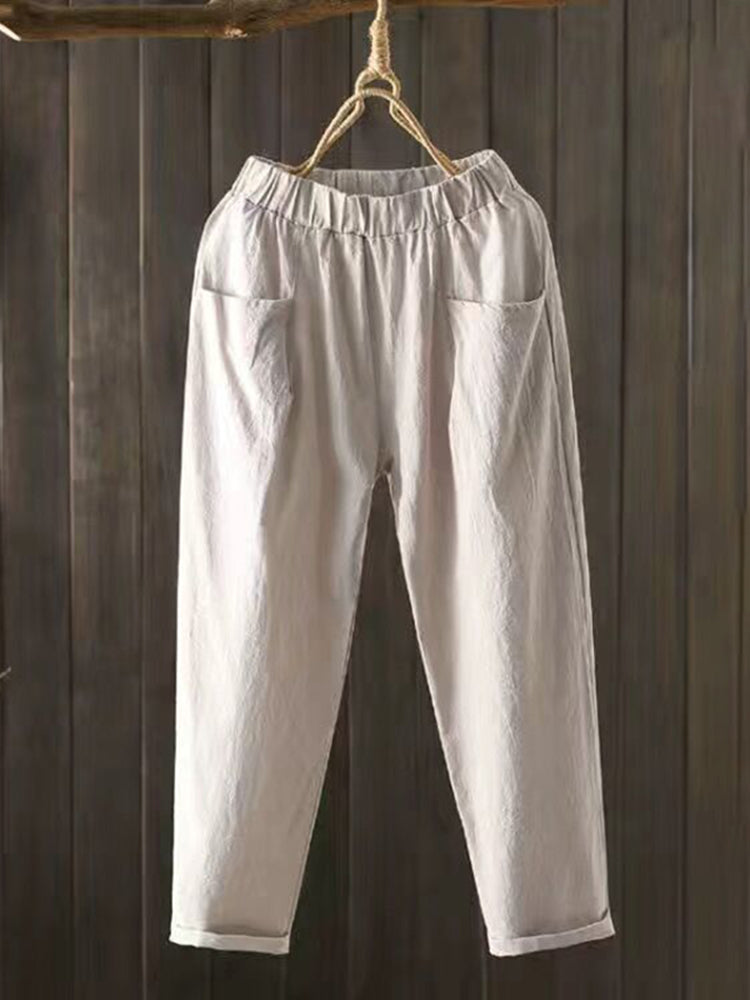 Vintage Komfortable Baumwollleinenhose mit Taschen