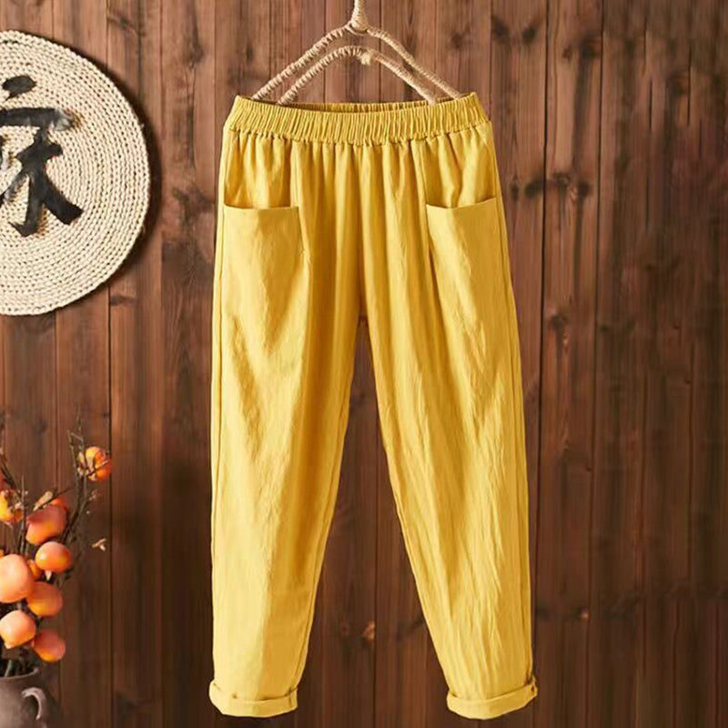 Vintage Komfortable Baumwollleinenhose mit Taschen