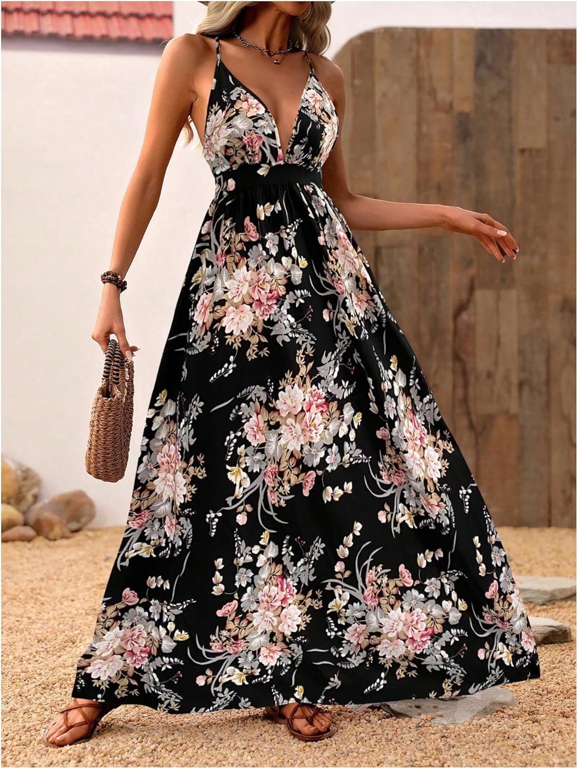 MakeMeChic Damen Boho V-Ausschnitt Ärmelloses Maxi-Sommerkleid Geblümt Kreuz und quer rückenfrei Ausgestelltes Cami-Kleid