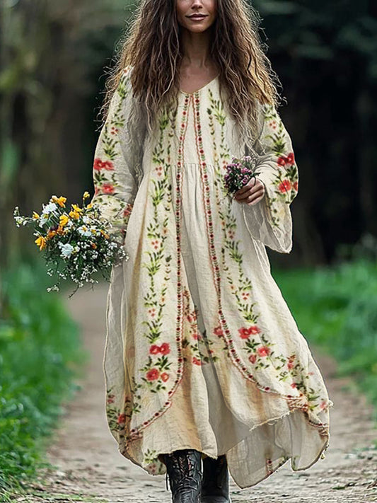 Vintage Boho Blumen-Maxikleid aus Leinenmix