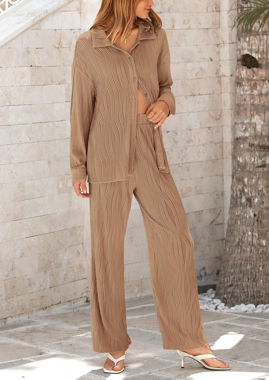 Damen 2-teilige strukturierte Sets Lässiges Button-Down-Shirt Weite Hose Outfit Loungewear Trainingsanzug