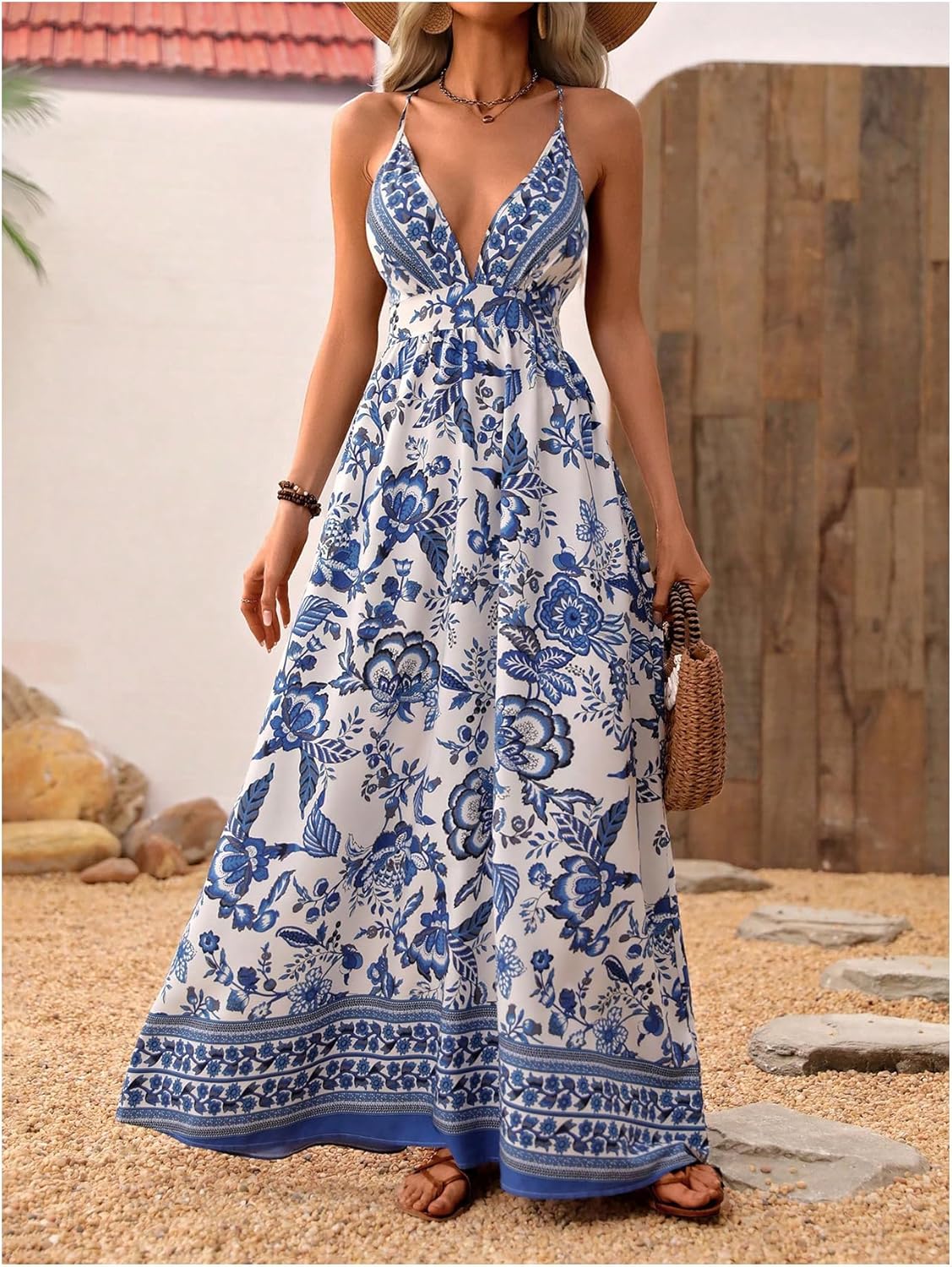 MakeMeChic Damen Boho V-Ausschnitt Ärmelloses Maxi-Sommerkleid Geblümt Kreuz und quer rückenfrei Ausgestelltes Cami-Kleid