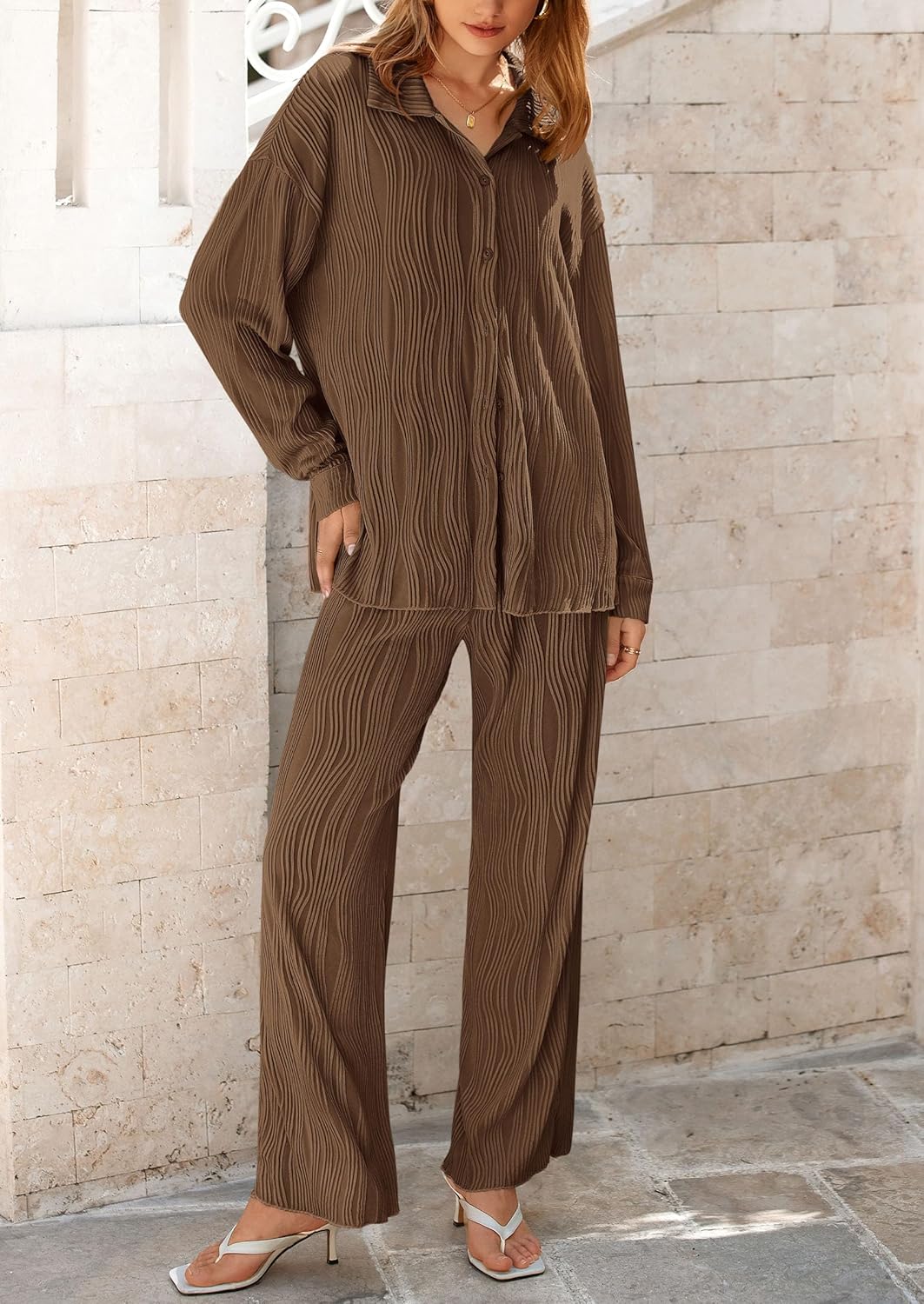 Damen 2-teilige strukturierte Sets Lässiges Button-Down-Shirt Weite Hose Outfit Loungewear Trainingsanzug