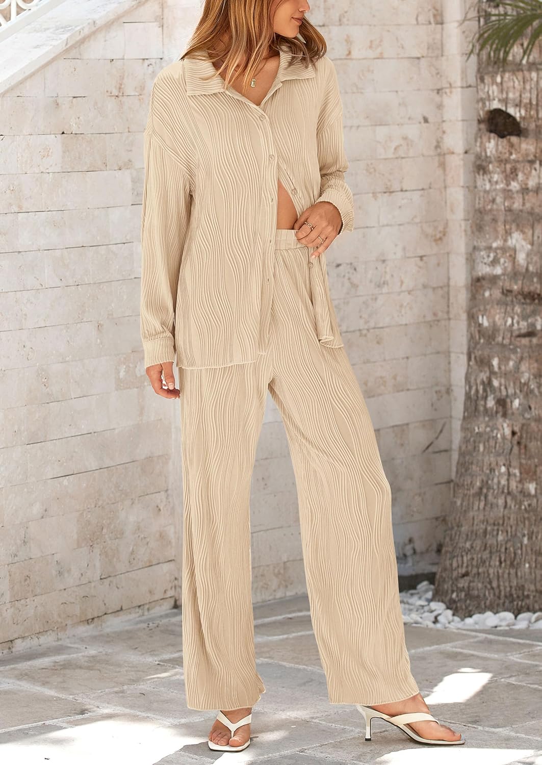 Damen 2-teilige strukturierte Sets Lässiges Button-Down-Shirt Weite Hose Outfit Loungewear Trainingsanzug