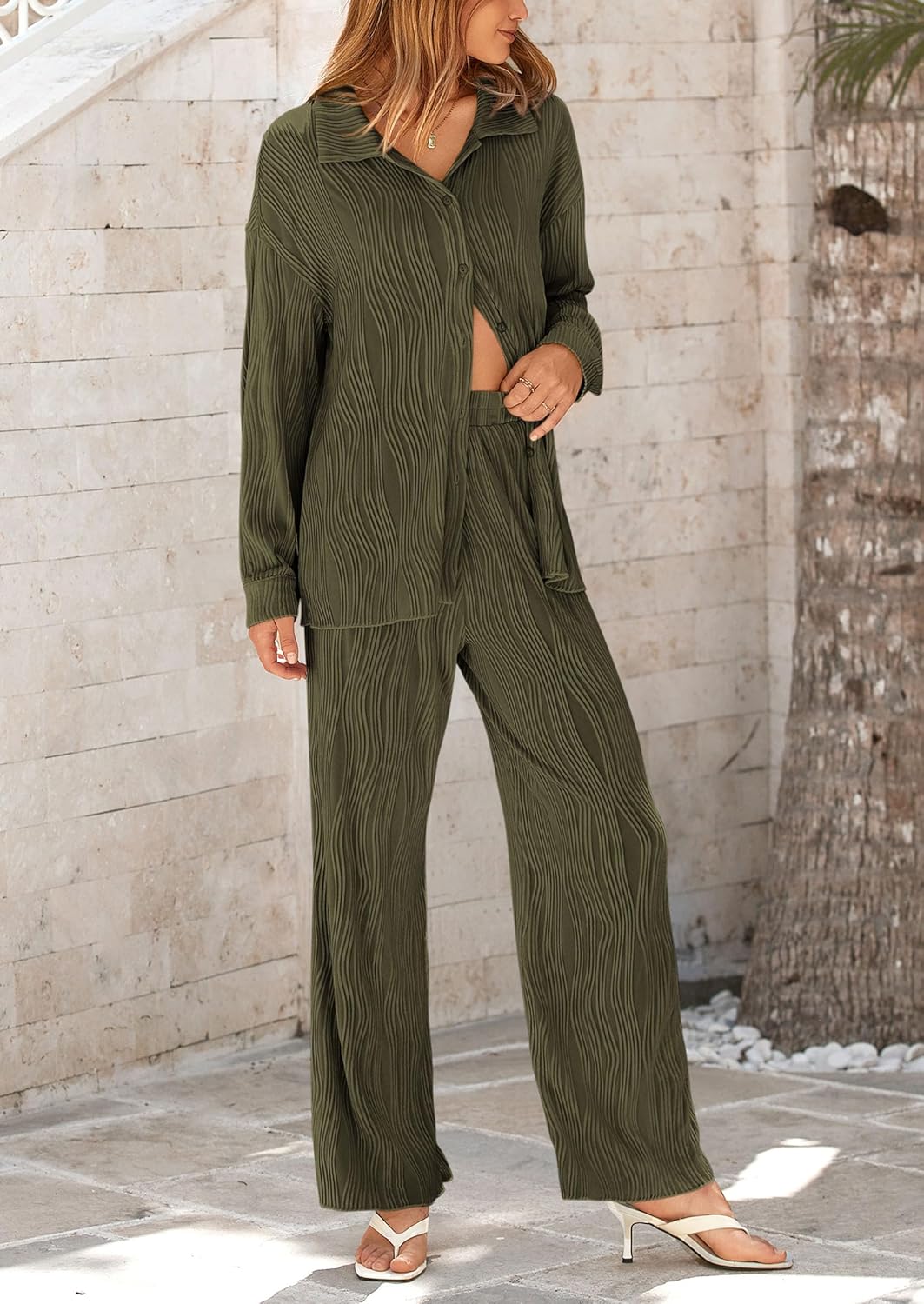 Damen 2-teilige strukturierte Sets Lässiges Button-Down-Shirt Weite Hose Outfit Loungewear Trainingsanzug