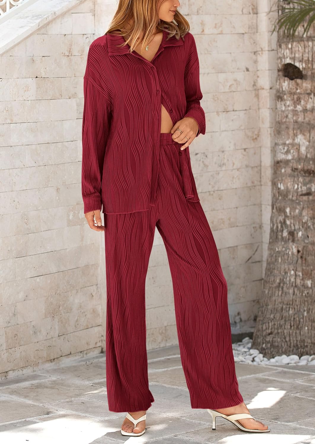 Damen 2-teilige strukturierte Sets Lässiges Button-Down-Shirt Weite Hose Outfit Loungewear Trainingsanzug