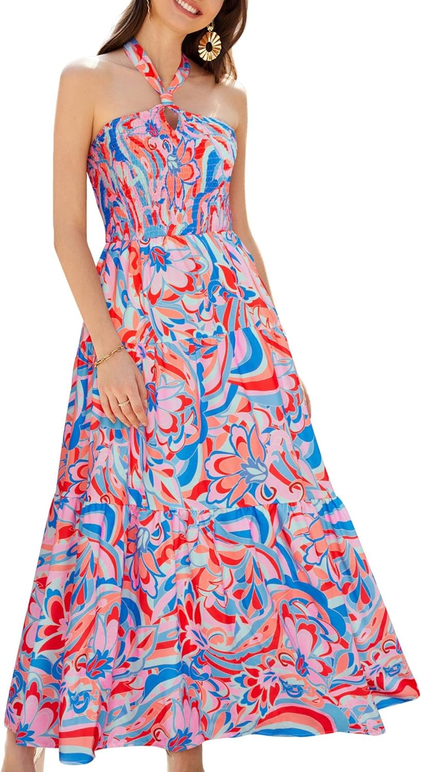 GRACE KARIN Damen Sommerkleider 2025 Neckholder Ärmellos Gesmoktes Rückenloses Cut-Out Blumenmuster Fließendes A-Linien Maxikleid