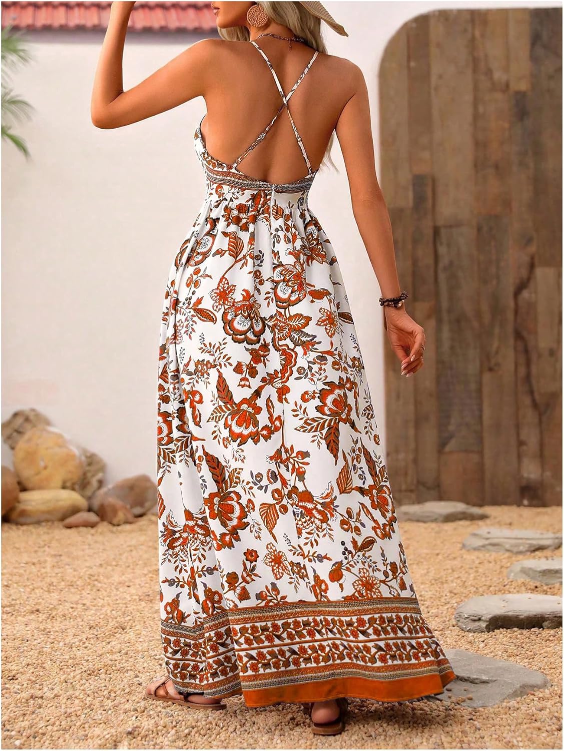 MakeMeChic Damen Boho V-Ausschnitt Ärmelloses Maxi-Sommerkleid Geblümt Kreuz und quer rückenfrei Ausgestelltes Cami-Kleid