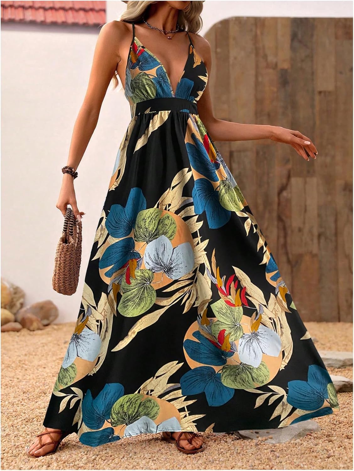 MakeMeChic Damen Boho V-Ausschnitt Ärmelloses Maxi-Sommerkleid Geblümt Kreuz und quer rückenfrei Ausgestelltes Cami-Kleid