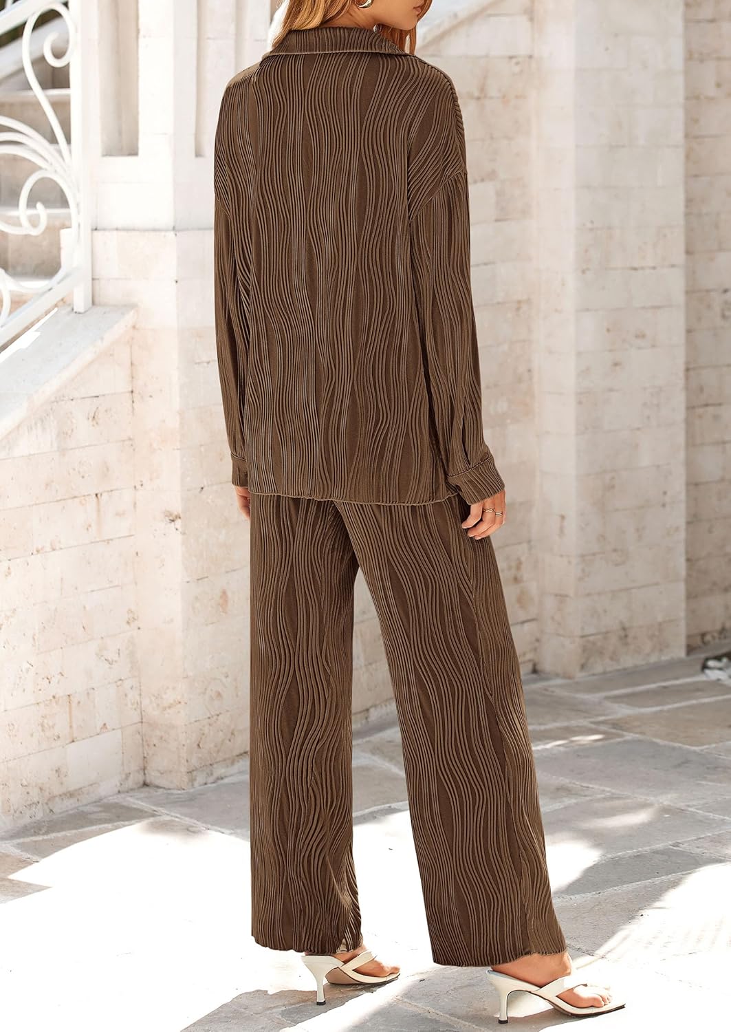 Damen 2-teilige strukturierte Sets Lässiges Button-Down-Shirt Weite Hose Outfit Loungewear Trainingsanzug