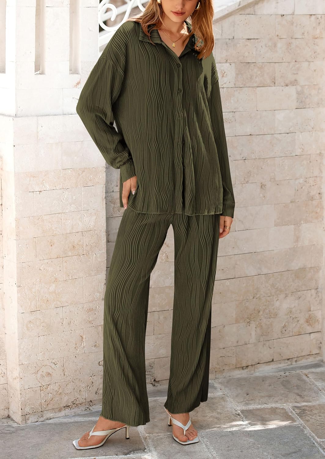 Damen 2-teilige strukturierte Sets Lässiges Button-Down-Shirt Weite Hose Outfit Loungewear Trainingsanzug
