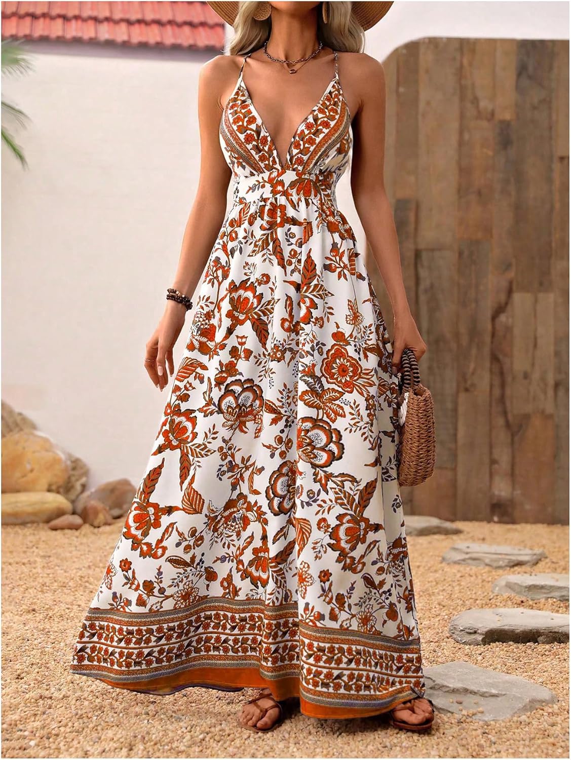 MakeMeChic Damen Boho V-Ausschnitt Ärmelloses Maxi-Sommerkleid Geblümt Kreuz und quer rückenfrei Ausgestelltes Cami-Kleid