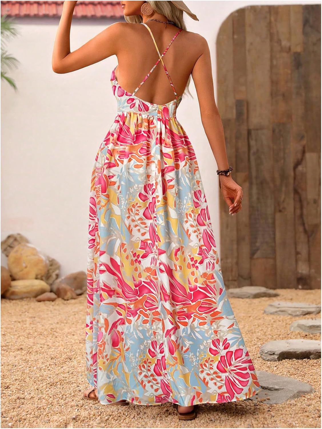 MakeMeChic Damen Boho V-Ausschnitt Ärmelloses Maxi-Sommerkleid Geblümt Kreuz und quer rückenfrei Ausgestelltes Cami-Kleid