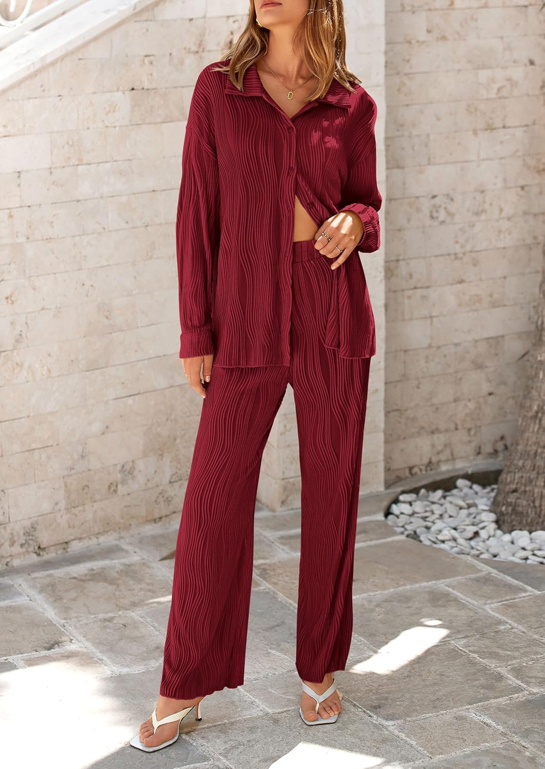 Damen 2-teilige strukturierte Sets Lässiges Button-Down-Shirt Weite Hose Outfit Loungewear Trainingsanzug