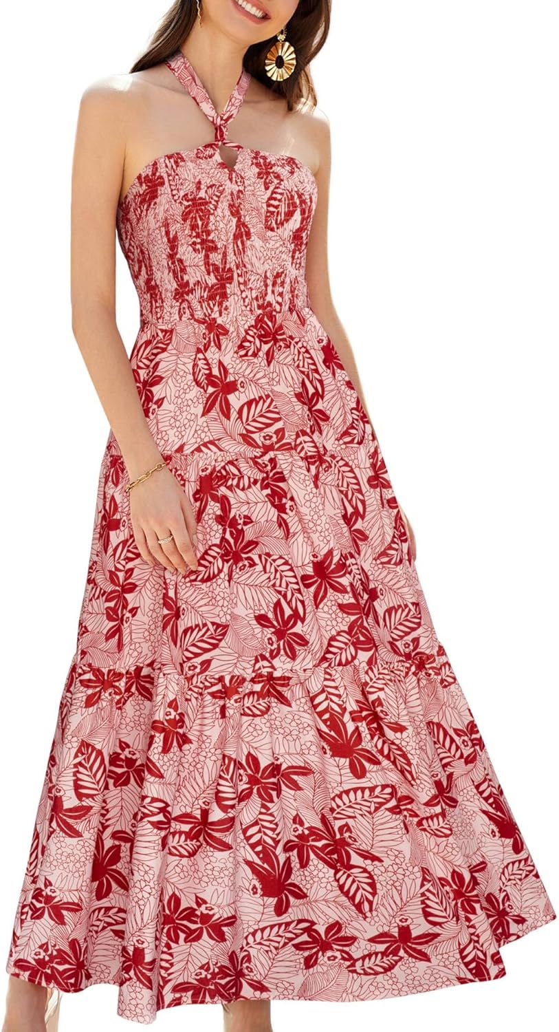 GRACE KARIN Damen Sommerkleider 2025 Neckholder Ärmellos Gesmoktes Rückenloses Cut-Out Blumenmuster Fließendes A-Linien Maxikleid
