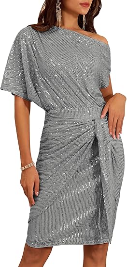 ⏰Hot Sale-Damen Pailletten Glitzer One-Shoulder gerafftes Bodycon-Kleid (Kaufe 2 versandkostenfrei)