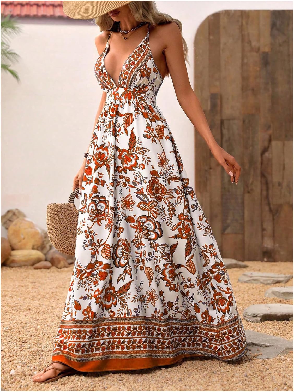 MakeMeChic Damen Boho V-Ausschnitt Ärmelloses Maxi-Sommerkleid Geblümt Kreuz und quer rückenfrei Ausgestelltes Cami-Kleid
