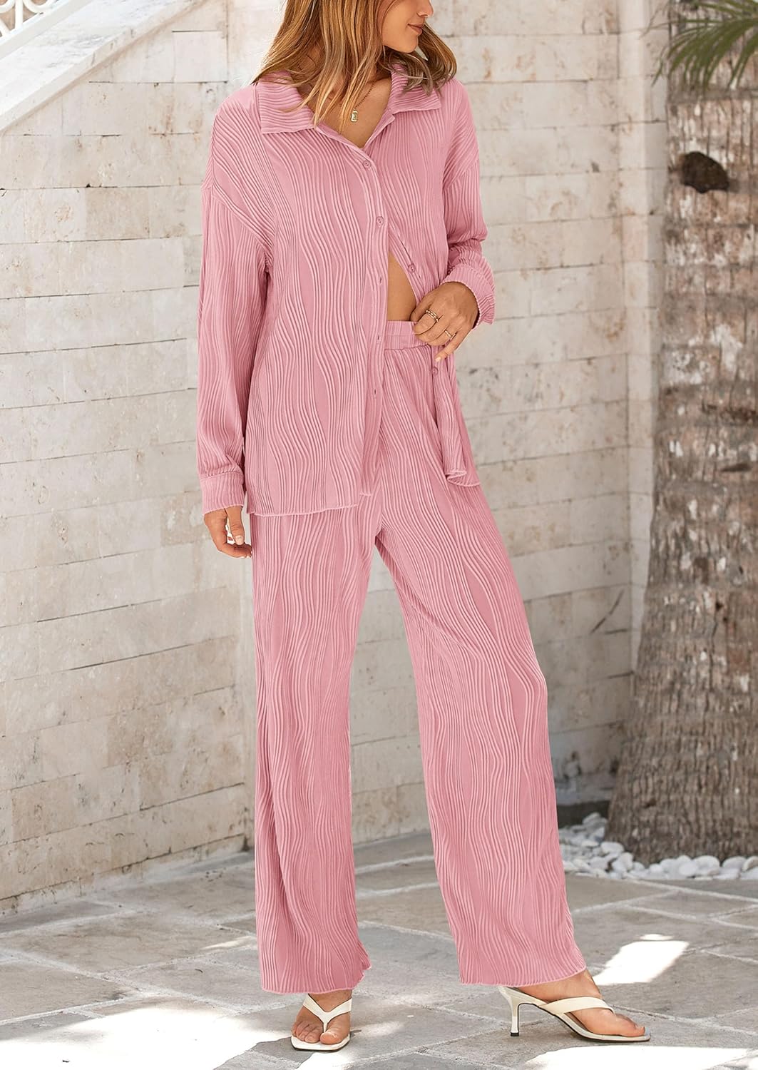 Damen 2-teilige strukturierte Sets Lässiges Button-Down-Shirt Weite Hose Outfit Loungewear Trainingsanzug