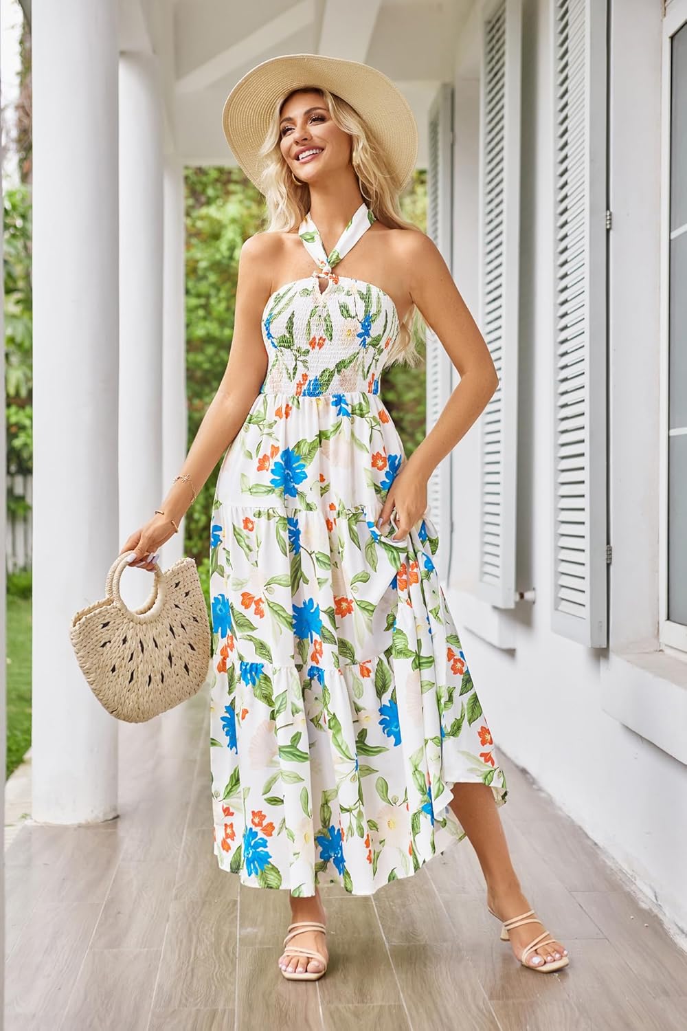GRACE KARIN Damen Sommerkleider 2025 Neckholder Ärmellos Gesmoktes Rückenloses Cut-Out Blumenmuster Fließendes A-Linien Maxikleid