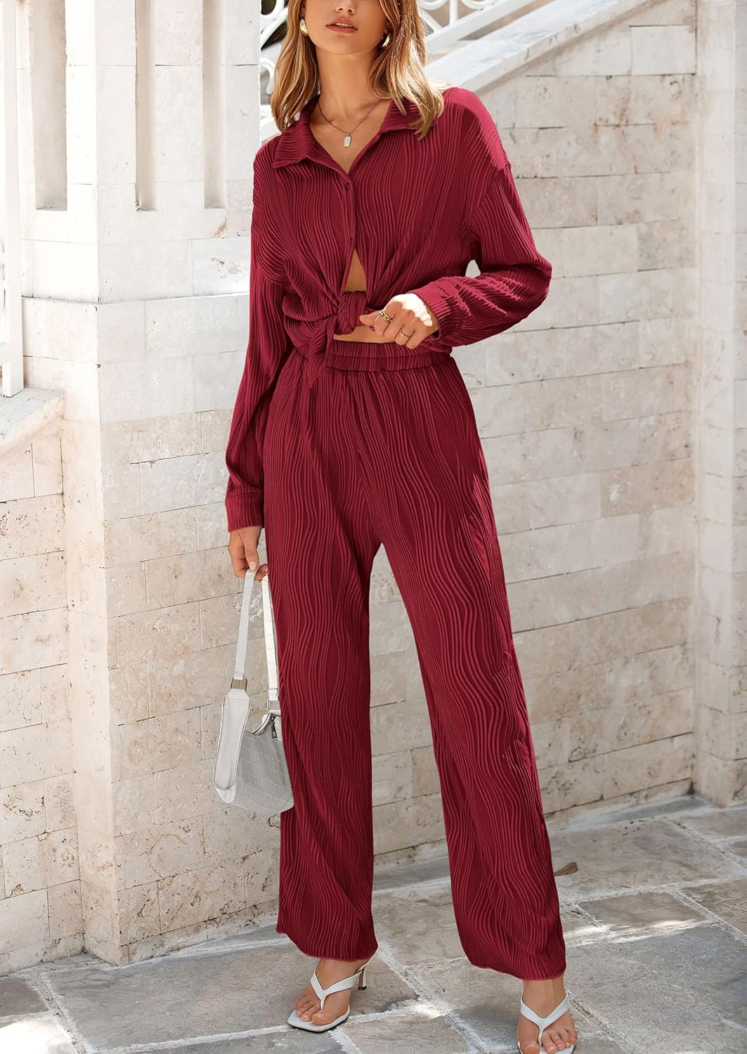 Damen 2-teilige strukturierte Sets Lässiges Button-Down-Shirt Weite Hose Outfit Loungewear Trainingsanzug