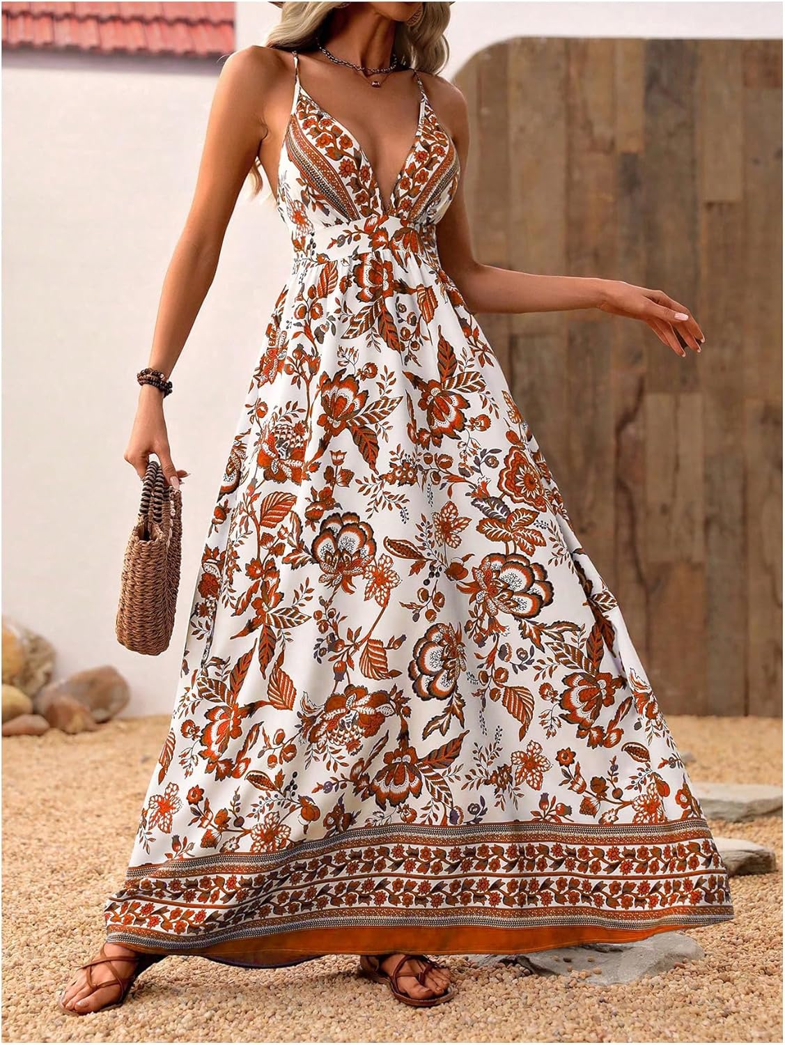 MakeMeChic Damen Boho V-Ausschnitt Ärmelloses Maxi-Sommerkleid Geblümt Kreuz und quer rückenfrei Ausgestelltes Cami-Kleid