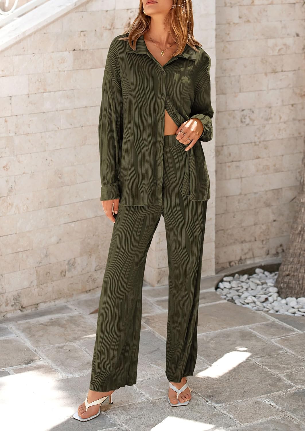 Damen 2-teilige strukturierte Sets Lässiges Button-Down-Shirt Weite Hose Outfit Loungewear Trainingsanzug