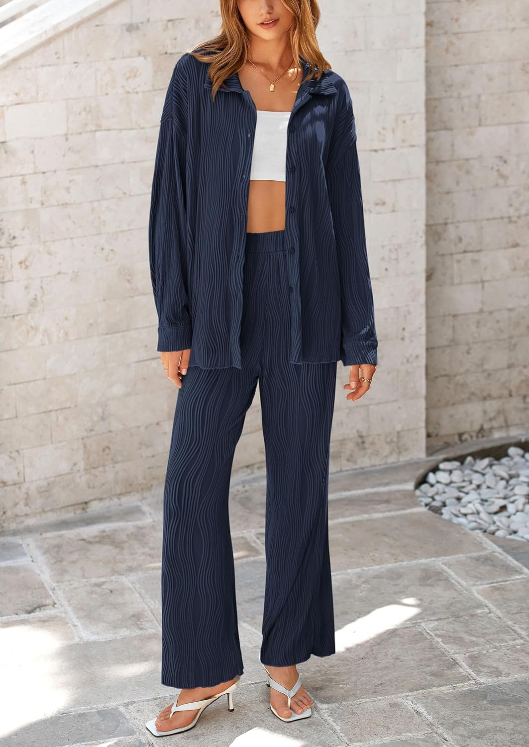 Damen 2-teilige strukturierte Sets Lässiges Button-Down-Shirt Weite Hose Outfit Loungewear Trainingsanzug