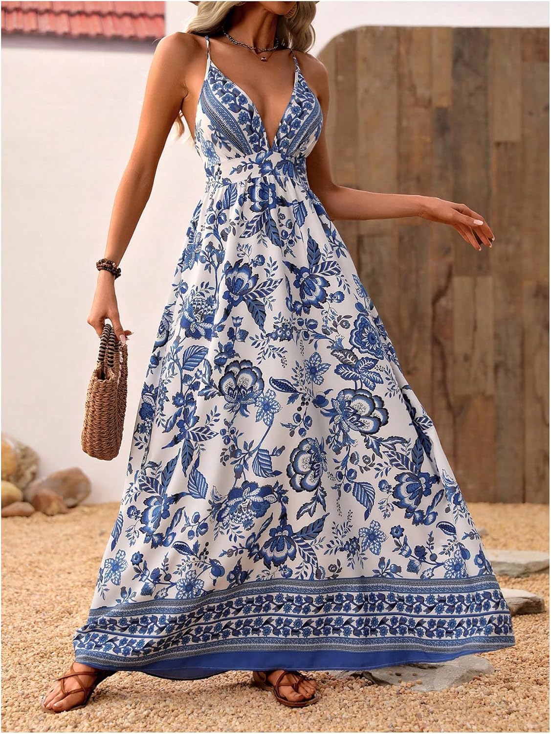 MakeMeChic Damen Boho V-Ausschnitt Ärmelloses Maxi-Sommerkleid Geblümt Kreuz und quer rückenfrei Ausgestelltes Cami-Kleid