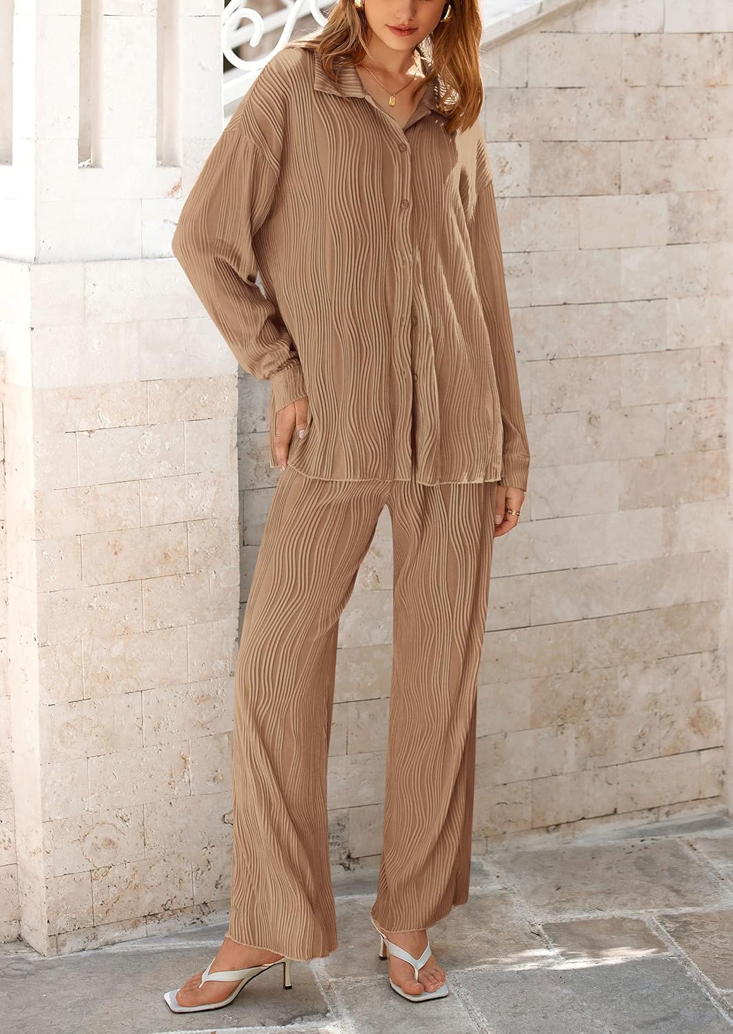 Damen 2-teilige strukturierte Sets Lässiges Button-Down-Shirt Weite Hose Outfit Loungewear Trainingsanzug