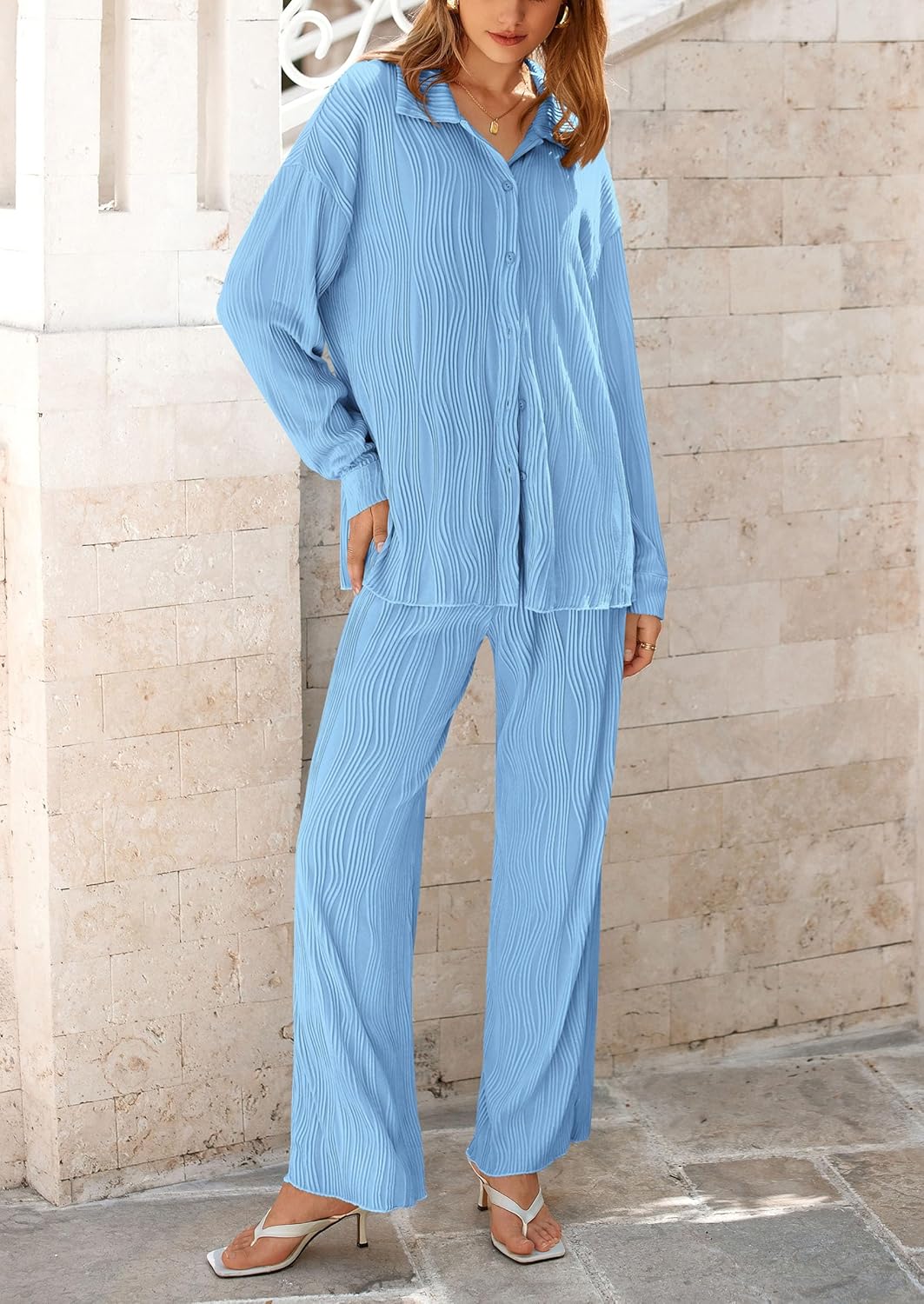 Damen 2-teilige strukturierte Sets Lässiges Button-Down-Shirt Weite Hose Outfit Loungewear Trainingsanzug