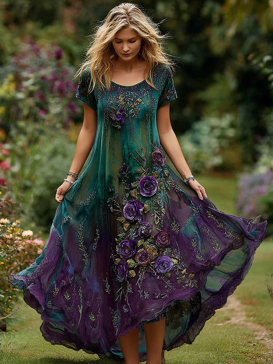 Vintage Damenkleid mit Blumenstickerei, Farbverlauf und Rundhalsausschnitt