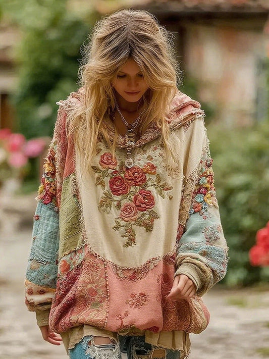 Damen Vintage Blumenmuster Hoodie