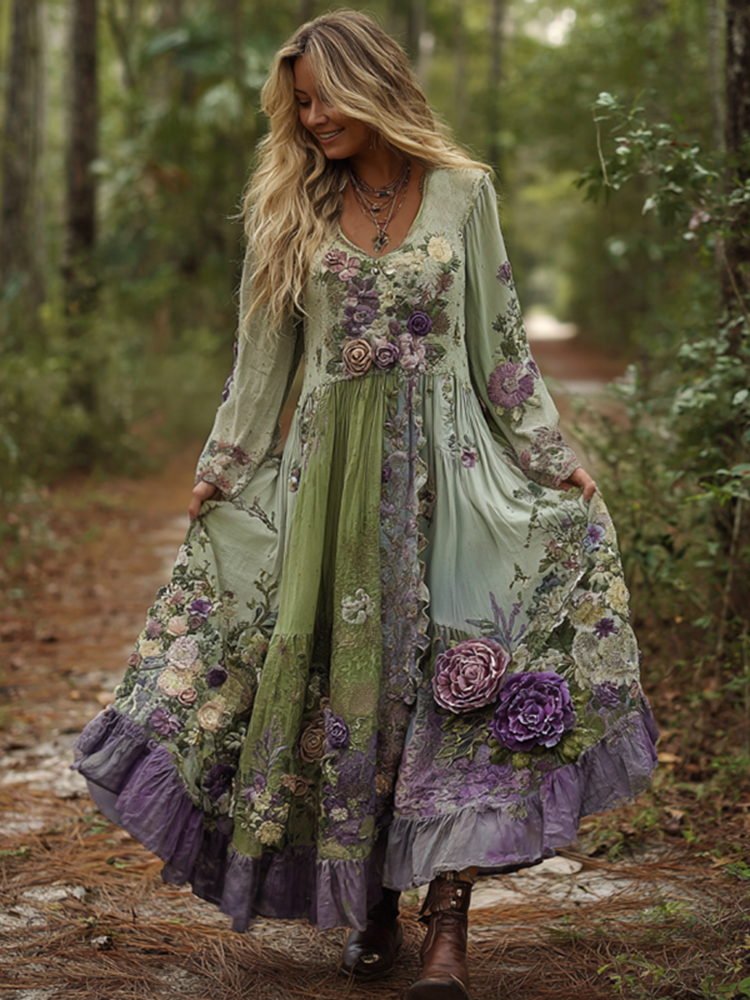 Vintage Elegantes Maxi-Kleid in Lila-Lavendel mit Blumenstickerei und Farbverlauf