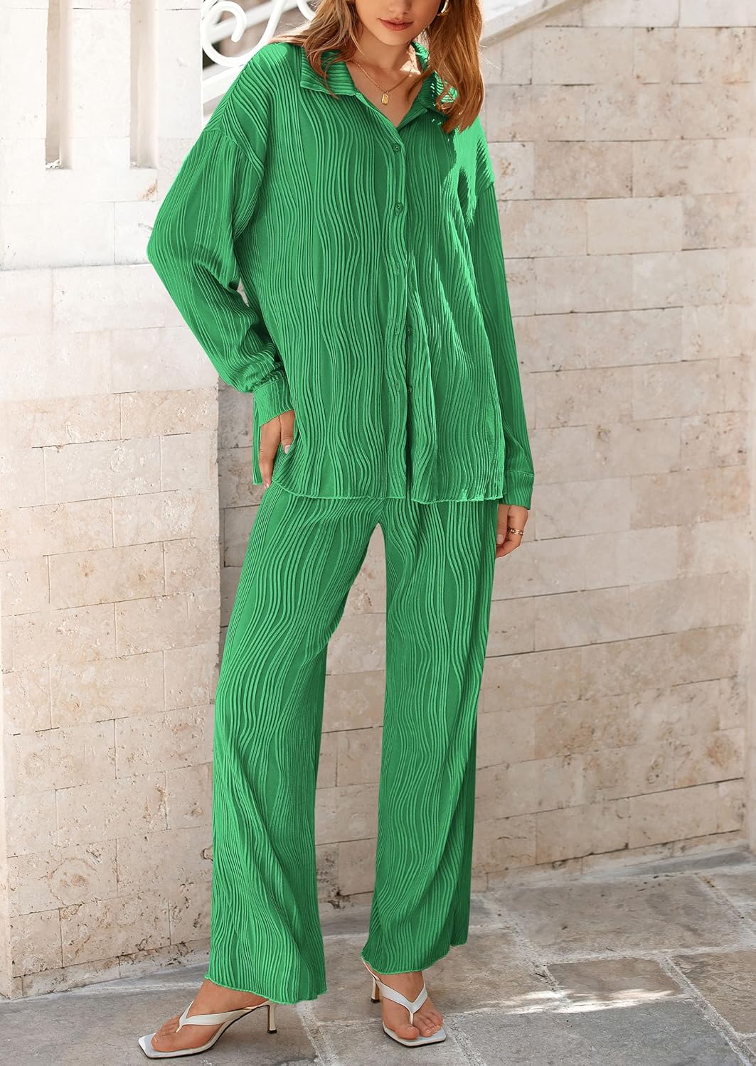 Damen 2-teilige strukturierte Sets Lässiges Button-Down-Shirt Weite Hose Outfit Loungewear Trainingsanzug
