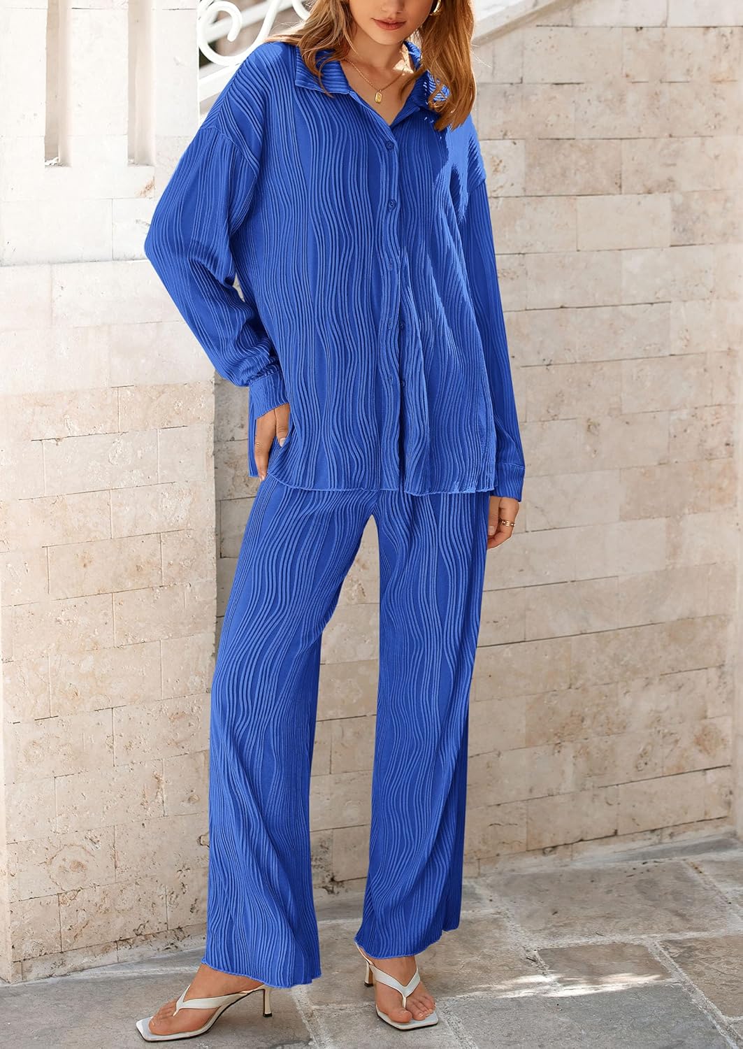 Damen 2-teilige strukturierte Sets Lässiges Button-Down-Shirt Weite Hose Outfit Loungewear Trainingsanzug
