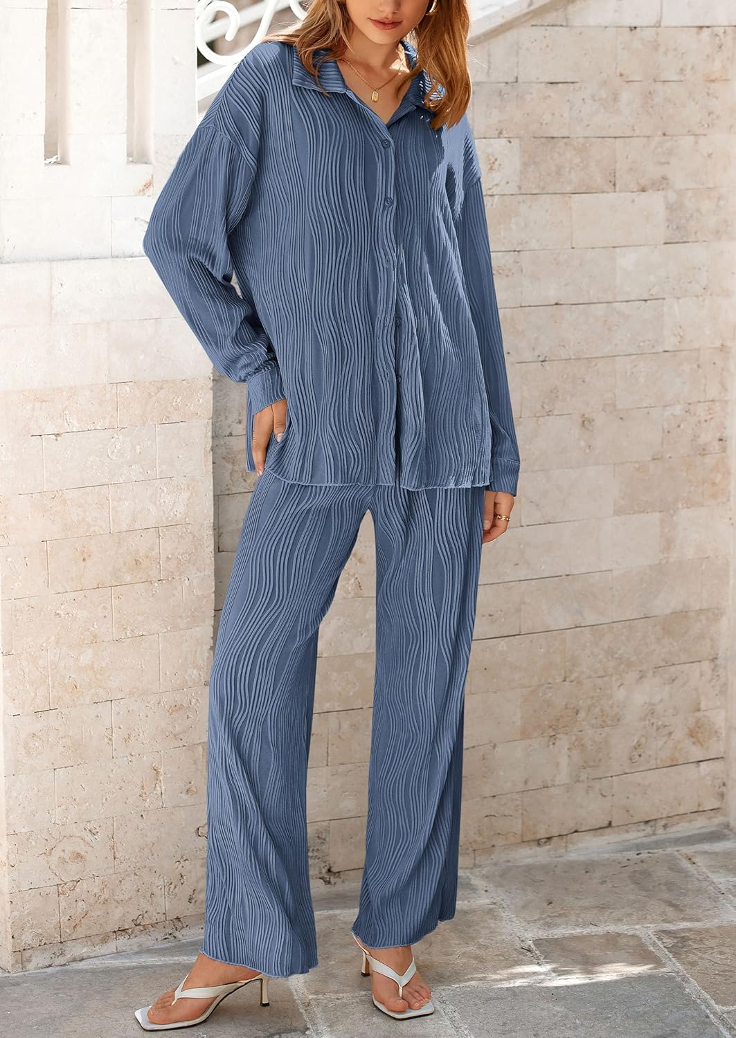 Damen 2-teilige strukturierte Sets Lässiges Button-Down-Shirt Weite Hose Outfit Loungewear Trainingsanzug
