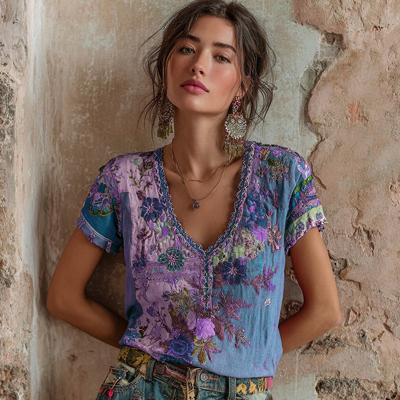 Damen Bohème Blumenstickerei Kunst V-Ausschnitt Kontrastfarbe Leinenmischung T-Shirt