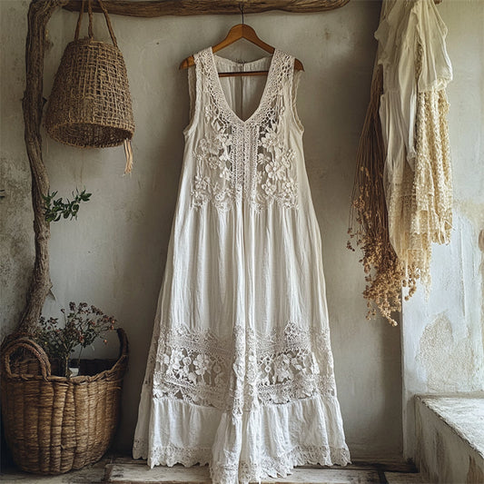 Vintage Floral Hohlspitze Leinen Maxikleid